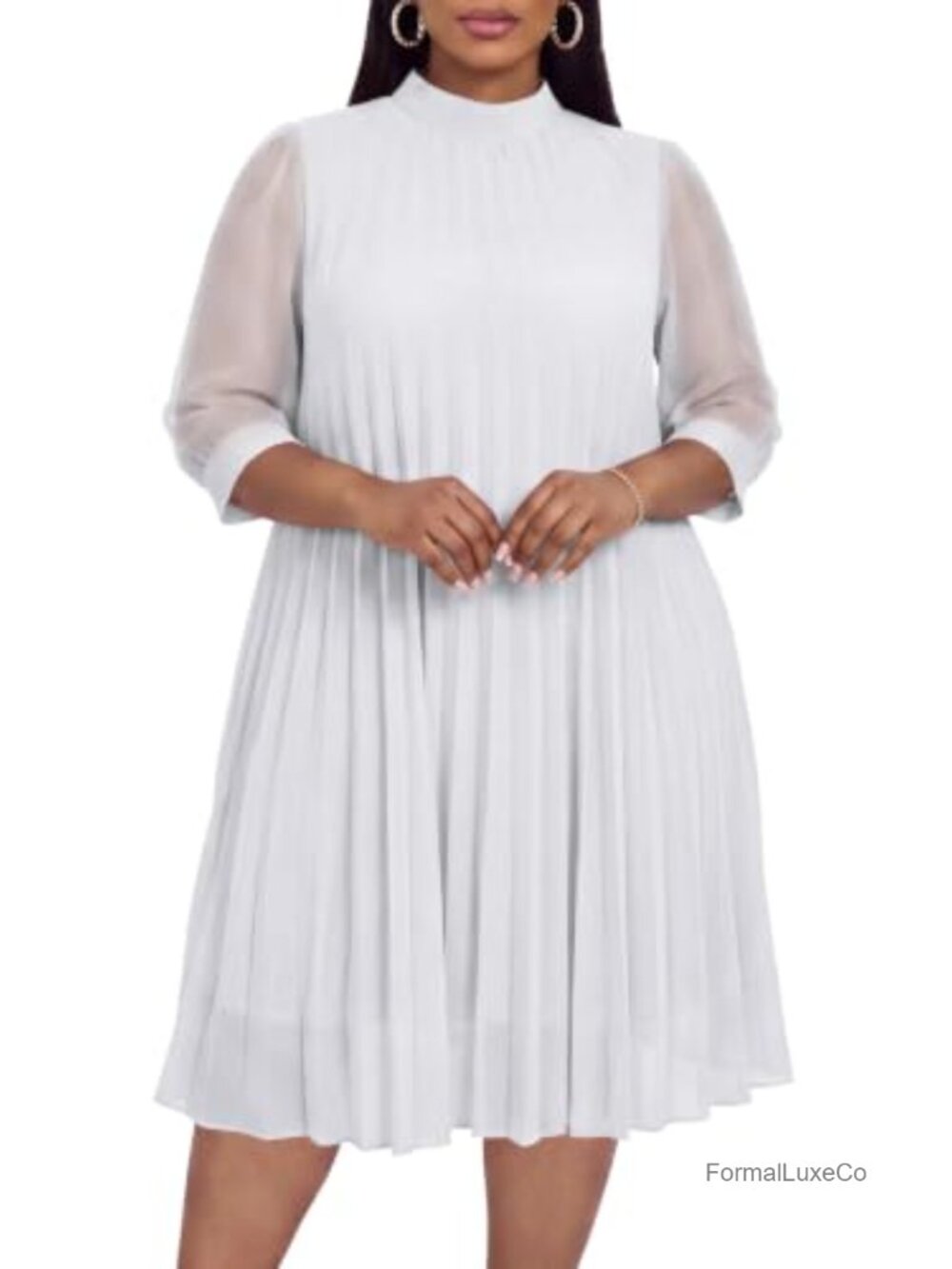 Plus Size Pleated Chiffon Midi Dress 3/4 Sleeve Semi-Formal